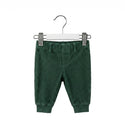 Green corduroy pants on a hanger against a white background