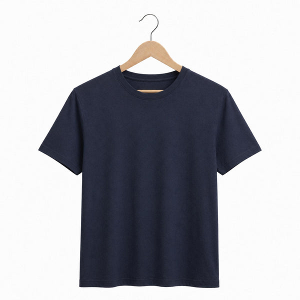 Navy blue t-shirt on a wooden hanger against a white background