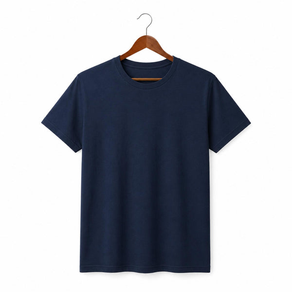 Navy blue men's t-shirt on wooden coat hanger against white background