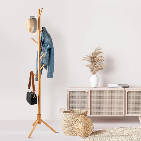 Home Basic Solid Oak Wood Tree Coat Rack Stand, 8 Hooks - Natural - Easy Installation
