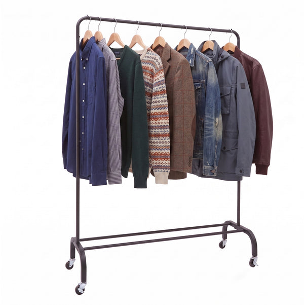 White Clothing rack with various jackets and shirts on a white background