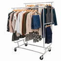 Double Rail Chrome metal clothe rack loaded with multiple garments