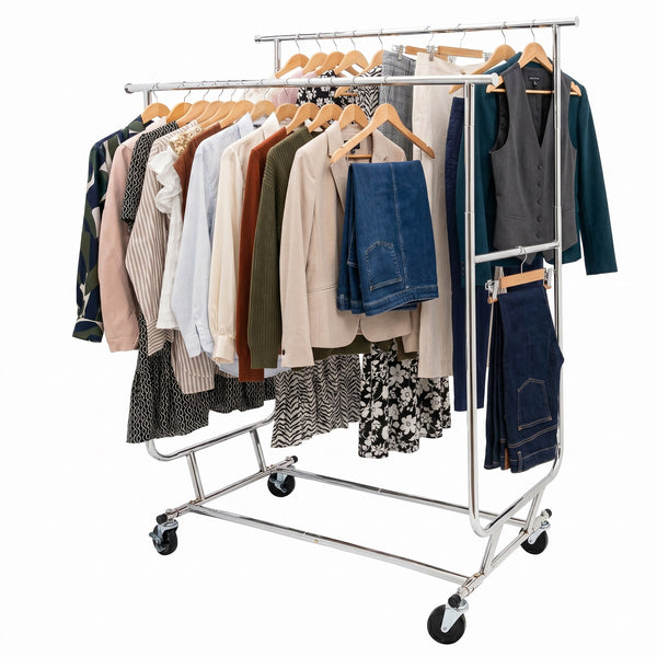 Double Rail Chrome metal clothe rack loaded with multiple garments