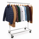 Chrome metal clothe rack loaded with multiple garments