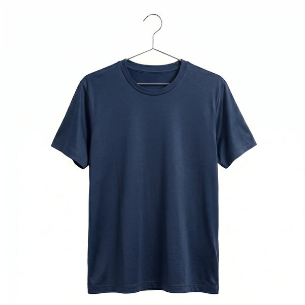 Navy Blue t-shirt on a hanger against a white background