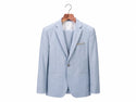 Light blue blazer on a wooden hanger against a white background