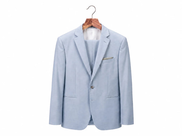 Light blue blazer on a wooden hanger against a white background