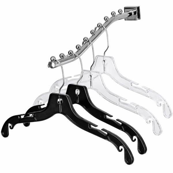 Set of black and clear hangers on a white background