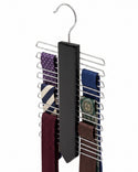 Metal tie rack holding multiple ties on a white background