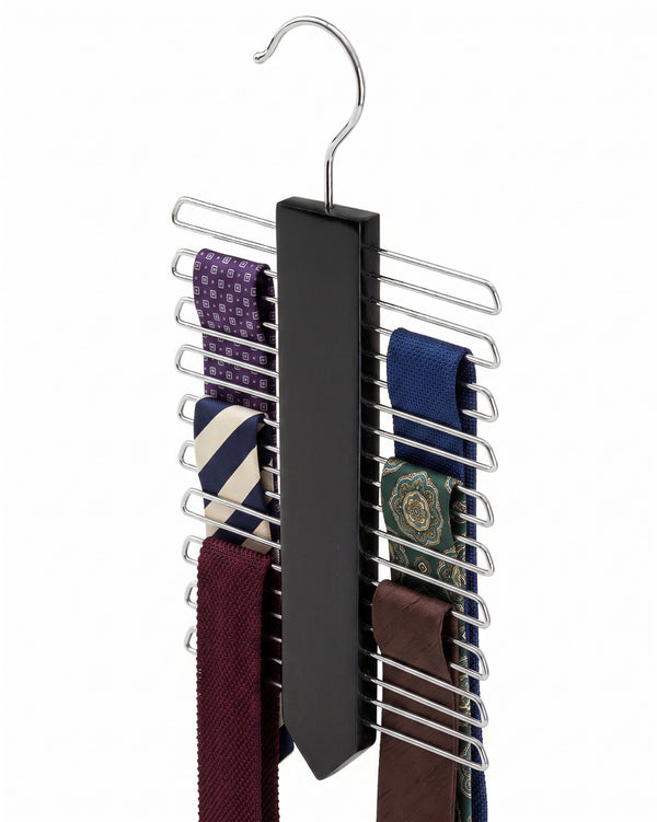 Metal tie rack holding multiple ties on a white background
