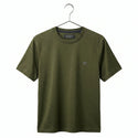 Gray t-shirt on a hanger with a visible brand logo against a white background
