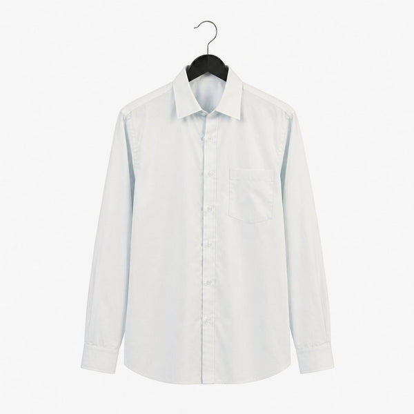 White dress shirt on a hanger against a white background