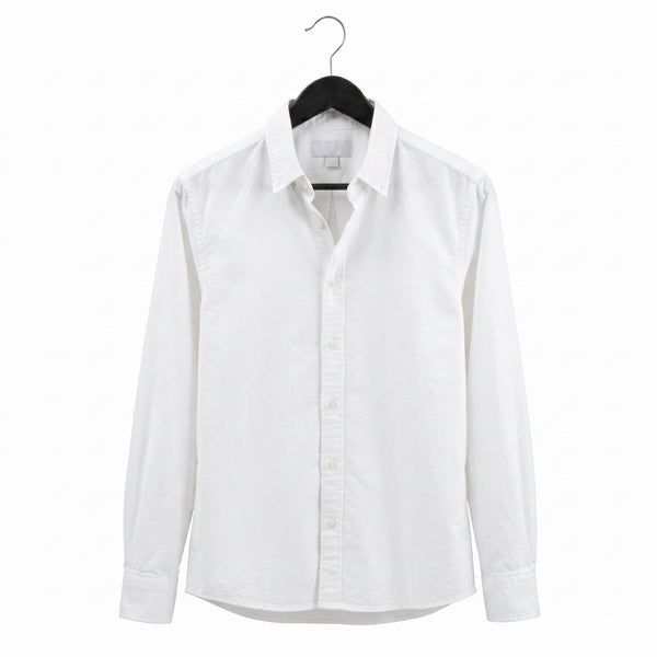 White commercial grade wooden coat hanger with metal hook and a white colour shirt on