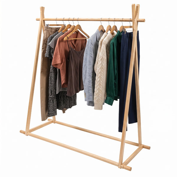 Heavy Duty Ash Wood clothing rack with various garments on a white background