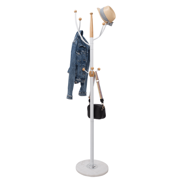 Home Deluxe Heavy Duty Metal Coat Stand (White Metal & Beech Wood) With Solid Marble Base With 9 Pegs - Mycoathangers