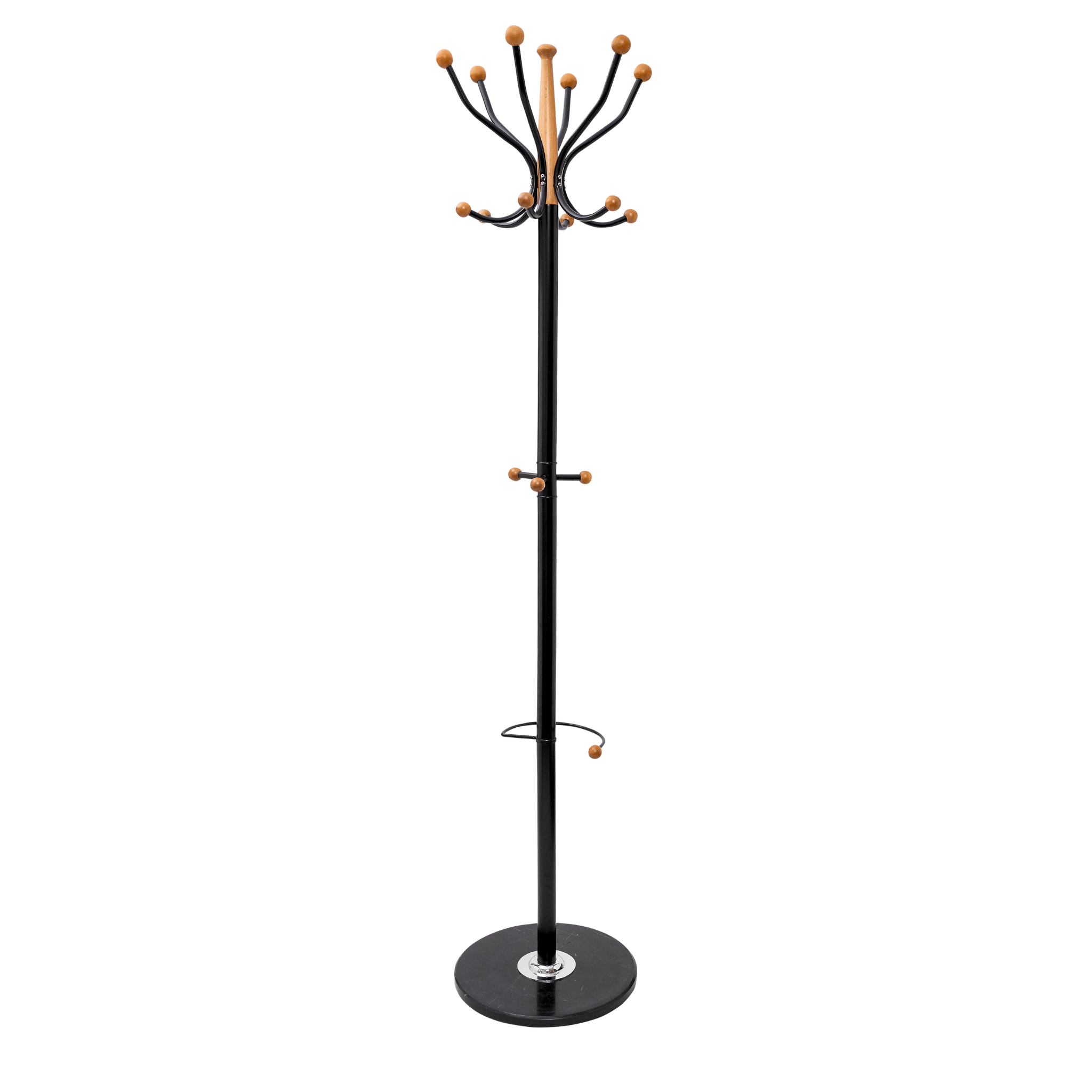 Home Deluxe Heavy Duty Coat Rack (Black Metal & Beech Wood ) With Solid Marble Base and 16 Pegs - Mycoathangers