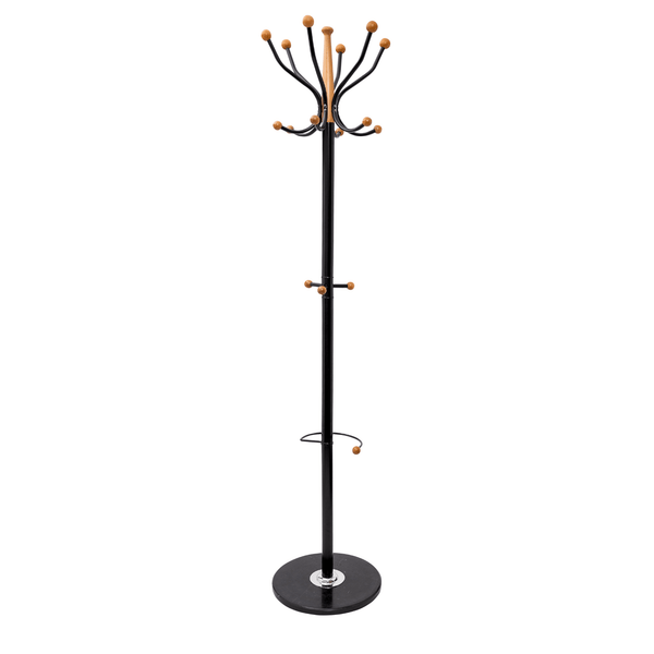 Home Deluxe Heavy Duty Coat Rack (Black Metal & Beech Wood ) With Solid Marble Base and 16 Pegs