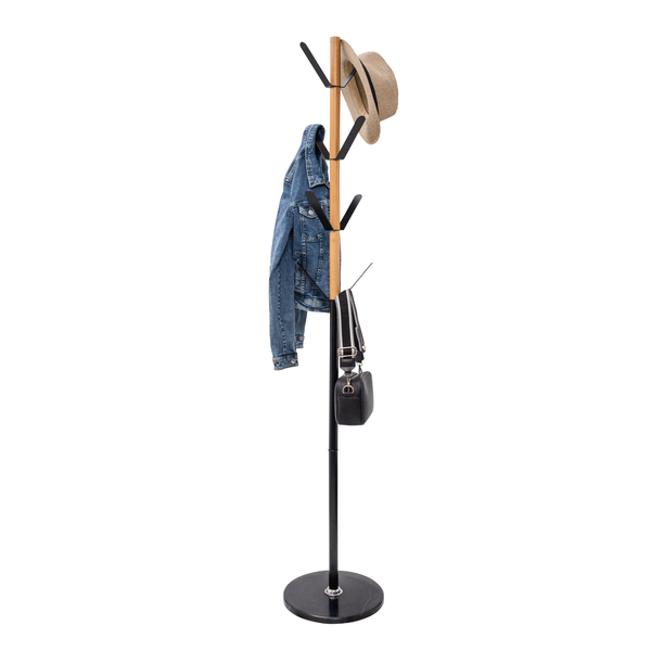 Home Deluxe Heavy Duty Coat Stand (Black Metal & Beech Wood) With Solid Marble Base and 8 pegs