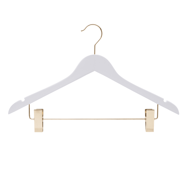 44.5cm Premium White Wooden Combination Hanger With (Gold Hook & Clips) 12mm thick Sold 25/50/100 - Mycoathangers