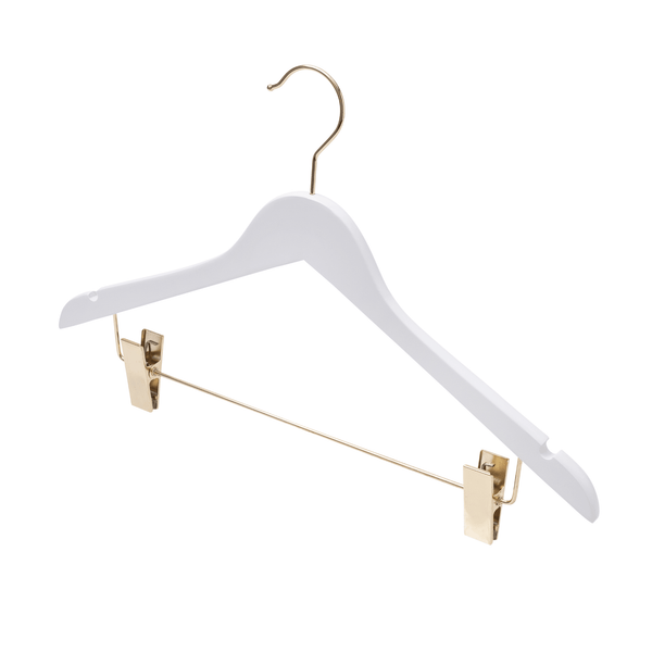 44.5cm Premium White Wooden Combination Hanger With (Gold Hook & Clips) 12mm thick Sold 25/50/100 - Mycoathangers