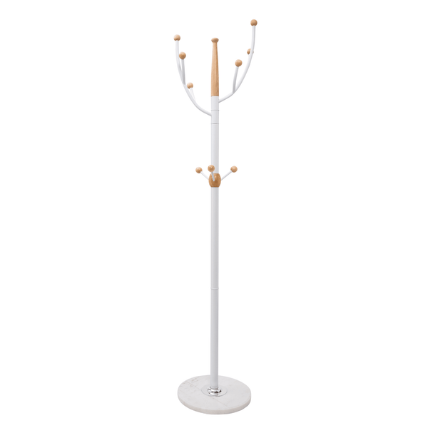 Home Deluxe Heavy Duty Metal Coat Stand (White Metal & Beech Wood) With Solid Marble Base With 9 Pegs - Mycoathangers