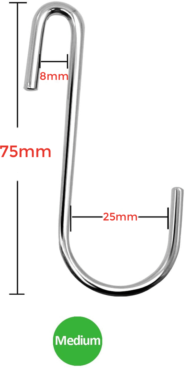 Medium Size Heavy Duty S Metal Hooks - Silver Colour - 304 Stainless Steel with 4mm Thick - Mycoathangers