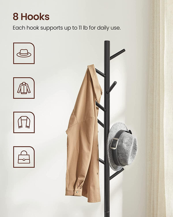 Home Basic Solid Oak Wood Tree Coat Rack Stand, 8 Hooks - Black - Easy Installation