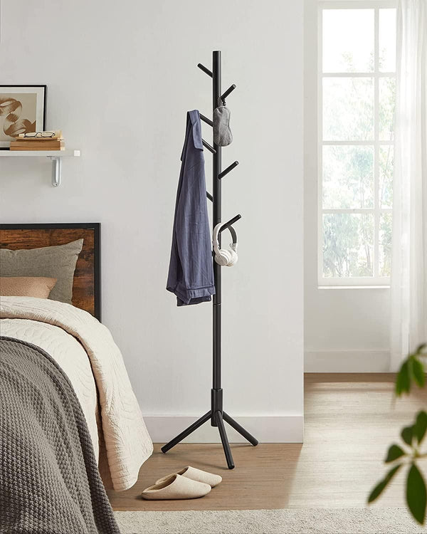 Home Basic Solid Oak Wood Tree Coat Rack Stand, 8 Hooks - Black - Easy Installation