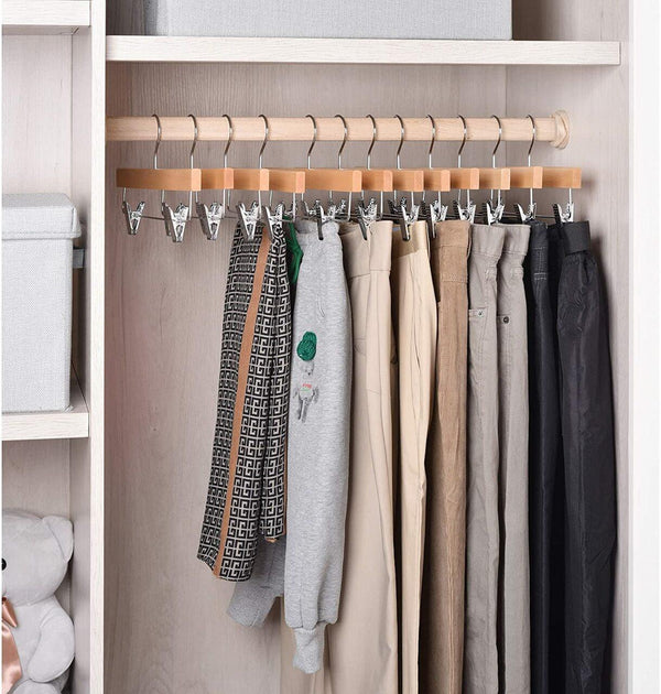 14'' Natural Wooden Pant Hanger With Clips Sold in Bundle of 25/50/100