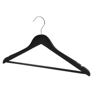 44.5cm Black Wooden Suit Hanger With Bar 14mm thick With Extra Soft Non Slip Rubber On Shoulders & Wood Pant BarSold in 25/50/100 - Mycoathangers