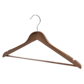 44.5cm Walnut Wooden Suit Hanger With Bar 14mm thick With Extra Soft Non Slip Rubber On Shoulders & Wood Pant Bar Sold in 25/50/100 - Mycoathangers