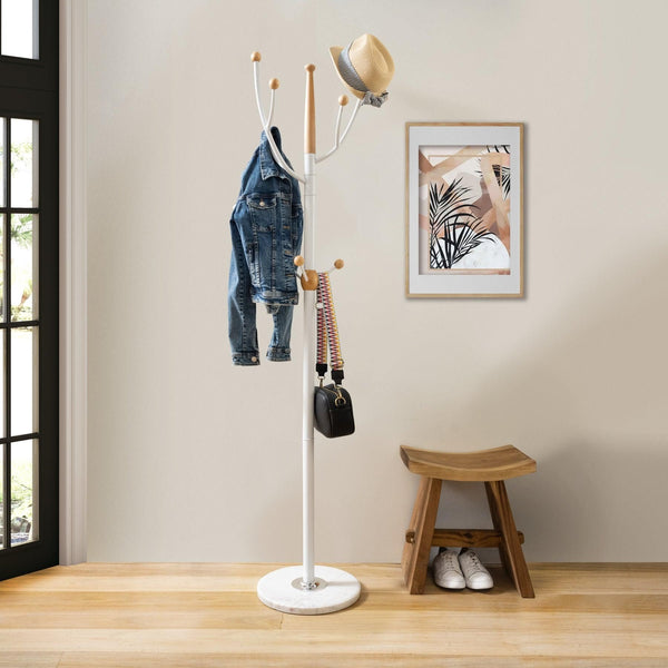 Home Deluxe Heavy Duty Metal Coat Stand (White Metal & Beech Wood) With Solid Marble Base With 9 Pegs - Mycoathangers