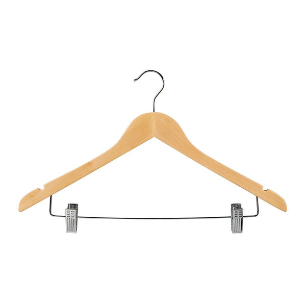 17'' Natural Wooden Combination Hanger With Clips 12mm thick Sold in Bundle of 25/50/100