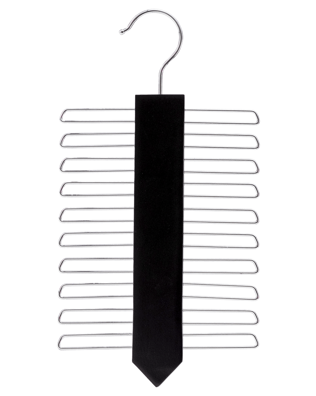 Commercial-grade metal tie hanger with black velvet center strip for organized tie storage