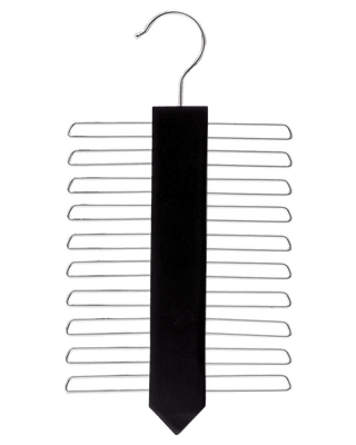 Commercial-grade metal tie hanger with black velvet center strip for organized tie storage